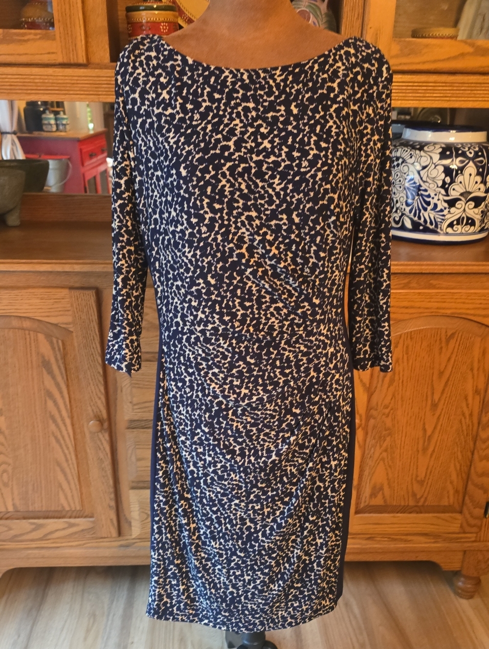 Ralph Lauren Navy and White Patterned Long Sleeve Dress